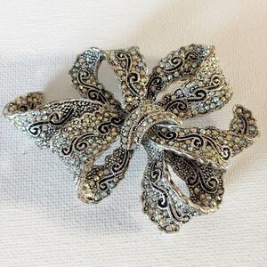 Vintage Premiere Designs Curly Q Bow Brooch Pendant Silver Tone Aurora Borealis